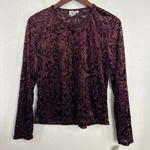 Vtg Y2K Burgundy Maroon Velvet Burnout Long Sleeve Top Fairy Whimsigoth Vamp NWT